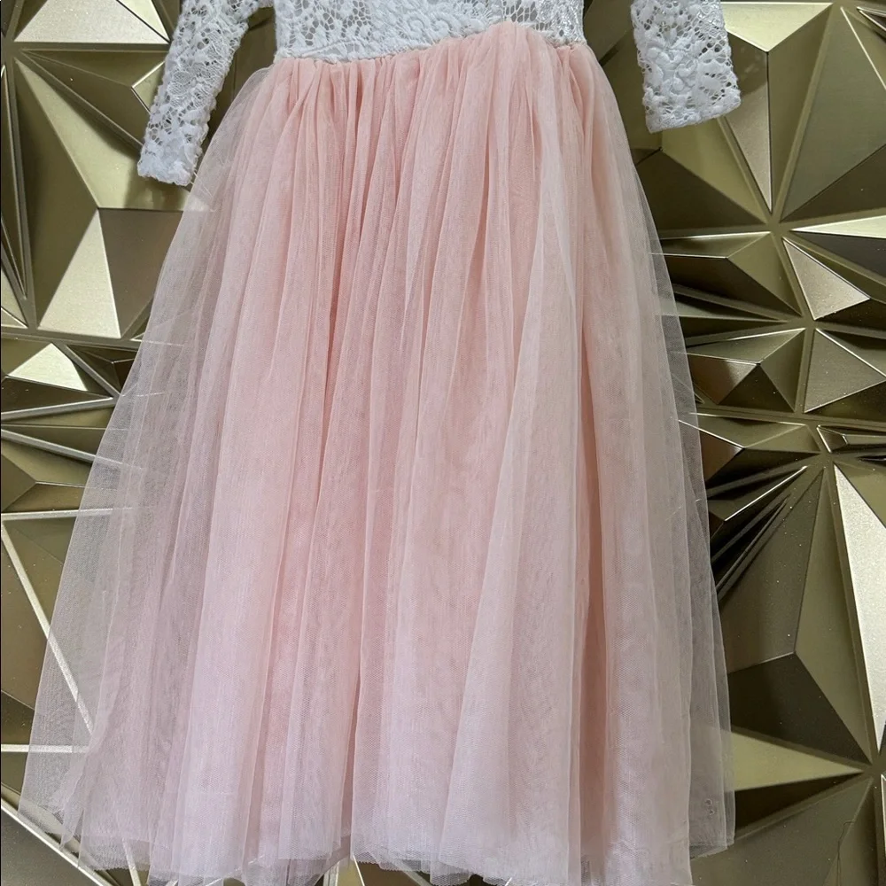 Girls White Lace‎ and Pink Tulle Long Sleeve Flower Girl Special Occasion Dress